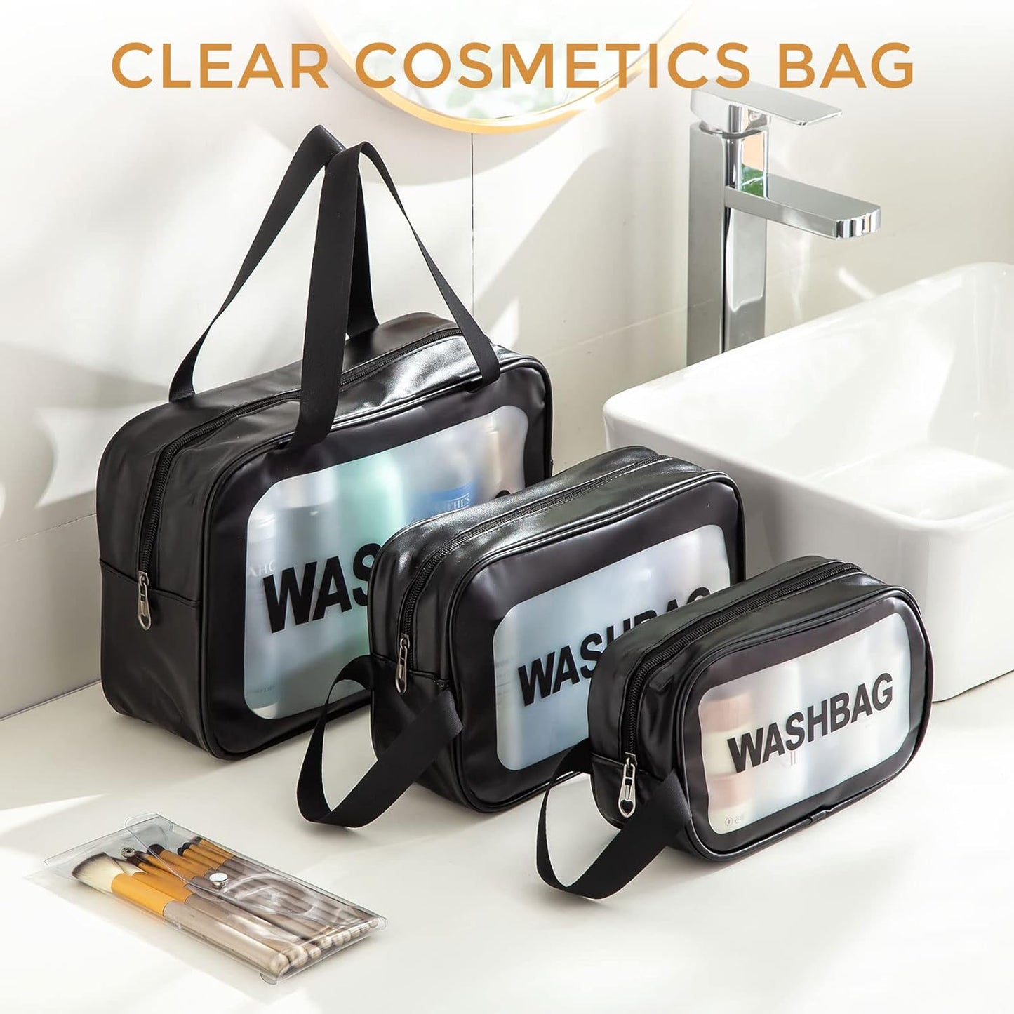 3 Pack Cosmetics Bag Toiletry Bag,Translucent Travel Bag Waterproof Makeup Bag with Small Clear Bag for Toiletries, Clear, 3Size